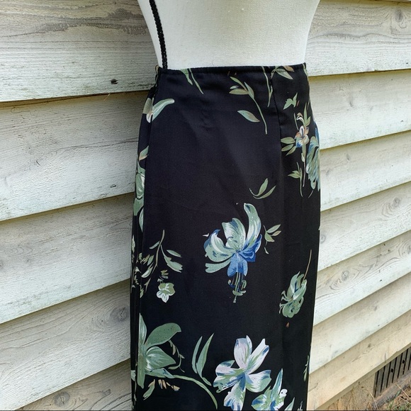 Vintage 90s Black Floral Print Elastic High Waist Sheer Ankle Length Midi Skirt - Picture 4 of 16